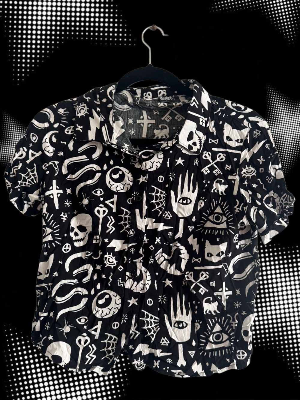 Black Button-Up Shirt with White Occult Print